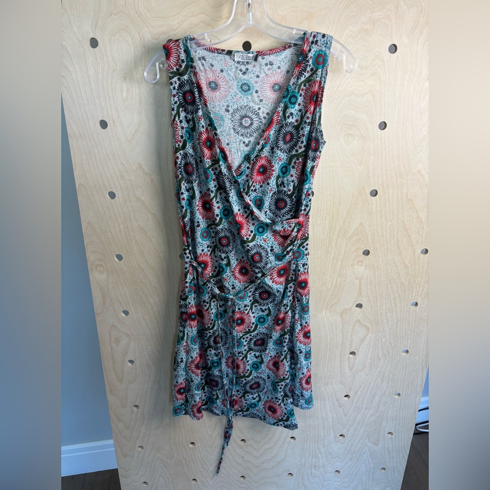 Za Zen Thailand Red/Aqua/Gray Floral Mandala Faux Wrap Dress Tie Waist M